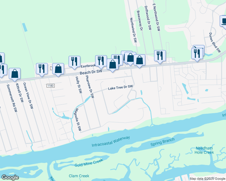 map of restaurants, bars, coffee shops, grocery stores, and more near 1707 Bay Tree Court Southwest in Ocean Isle Beach