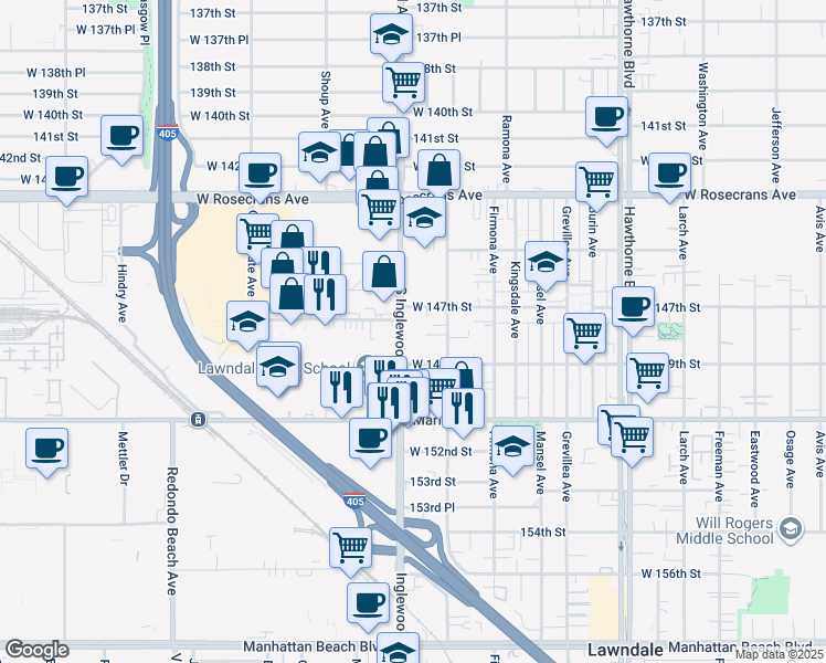 map of restaurants, bars, coffee shops, grocery stores, and more near 14724 South Inglewood Avenue in Lawndale
