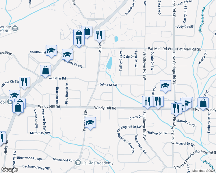map of restaurants, bars, coffee shops, grocery stores, and more near 331 Zelma Street Southwest in Marietta
