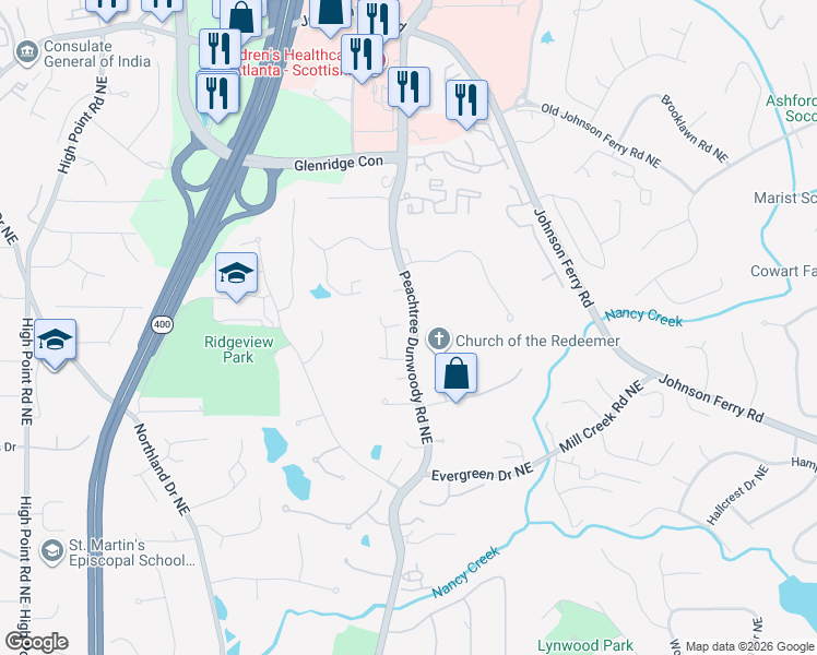 map of restaurants, bars, coffee shops, grocery stores, and more near 545 Telford Place Northeast in Atlanta