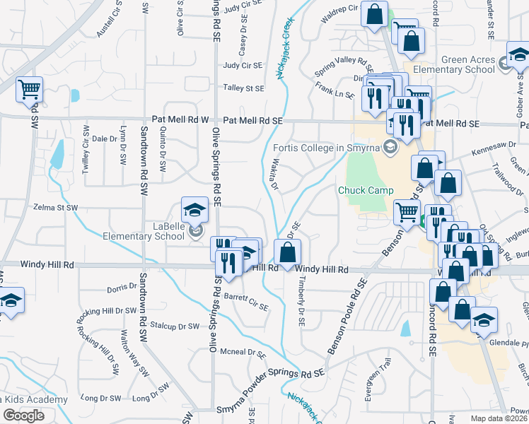 map of restaurants, bars, coffee shops, grocery stores, and more near 119 Larose Circle Southeast in Marietta