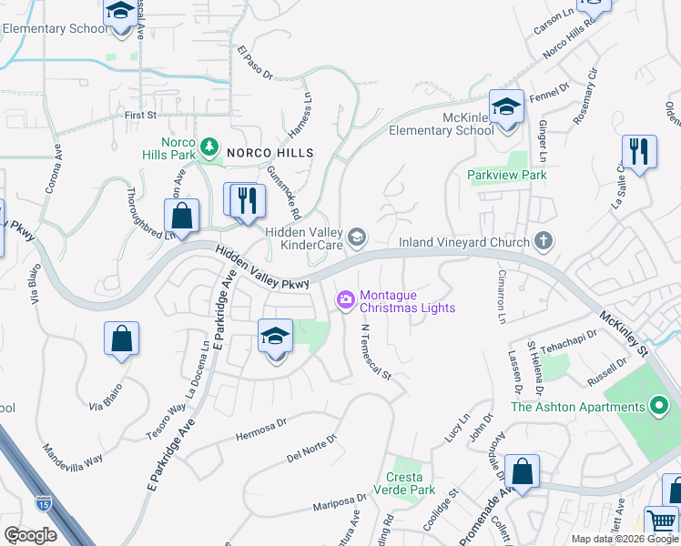 map of restaurants, bars, coffee shops, grocery stores, and more near 940 Temescal Circle in Corona