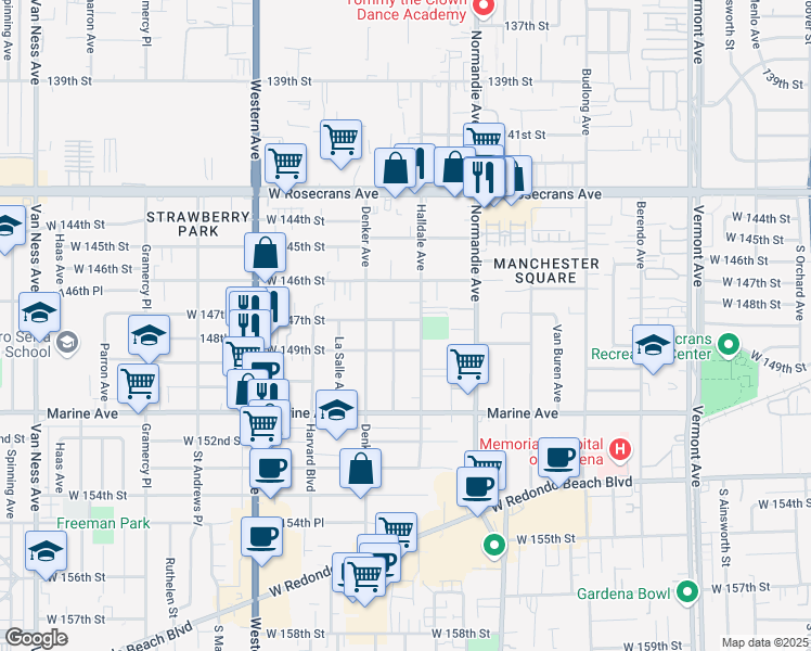 map of restaurants, bars, coffee shops, grocery stores, and more near 1510 West 147th Street in Gardena