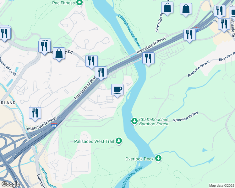 map of restaurants, bars, coffee shops, grocery stores, and more near 1021 Riverbend Club Drive Southeast in Atlanta