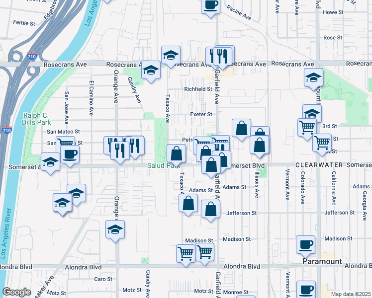 map of restaurants, bars, coffee shops, grocery stores, and more near 7249 Somerset Boulevard in Paramount