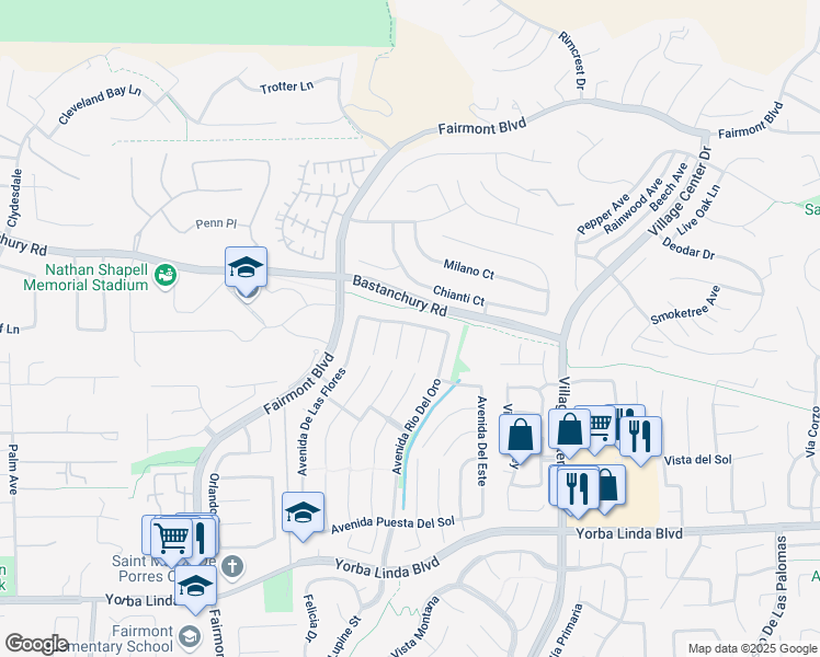 map of restaurants, bars, coffee shops, grocery stores, and more near 4304 Vía De Los Robles in Yorba Linda
