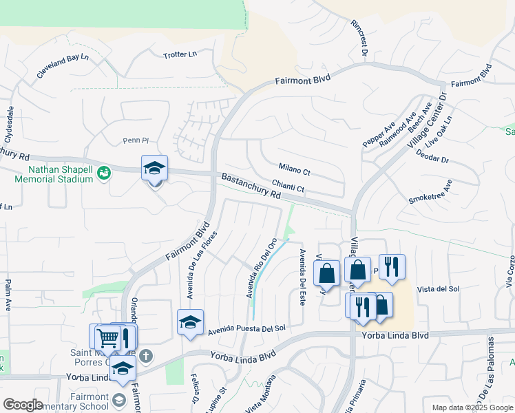 map of restaurants, bars, coffee shops, grocery stores, and more near 4304 Vía De Los Robles in Yorba Linda