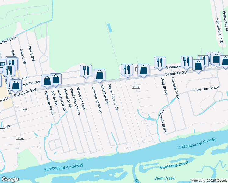 map of restaurants, bars, coffee shops, grocery stores, and more near 1761 Ocean View Drive Southwest in Ocean Isle Beach