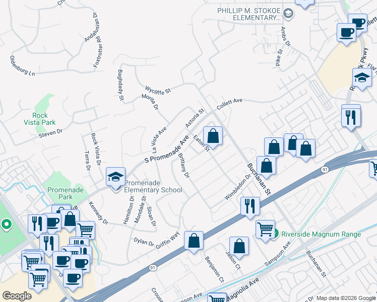 map of restaurants, bars, coffee shops, grocery stores, and more near 2930 Coventry Street in Corona