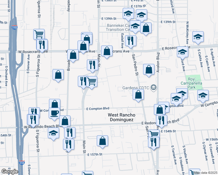 map of restaurants, bars, coffee shops, grocery stores, and more near South Maple Avenue in West Rancho Dominguez