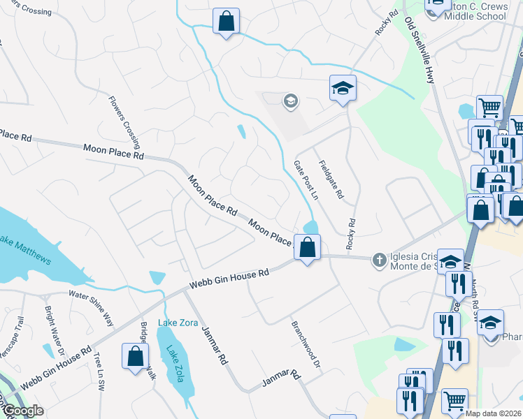 map of restaurants, bars, coffee shops, grocery stores, and more near 1860 Milfield Circle in Snellville