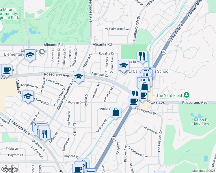 map of restaurants, bars, coffee shops, grocery stores, and more near 14739 Mercado Avenue in La Mirada