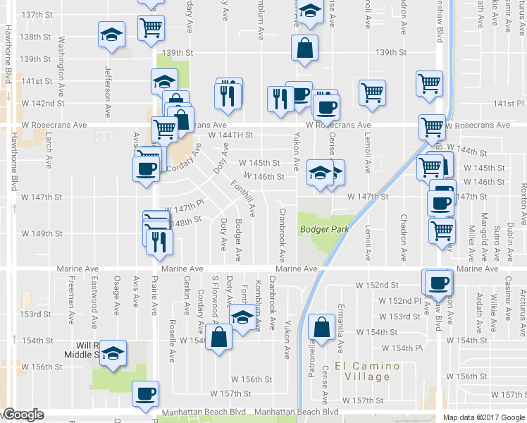 map of restaurants, bars, coffee shops, grocery stores, and more near 14725 Kornblum Avenue in Hawthorne