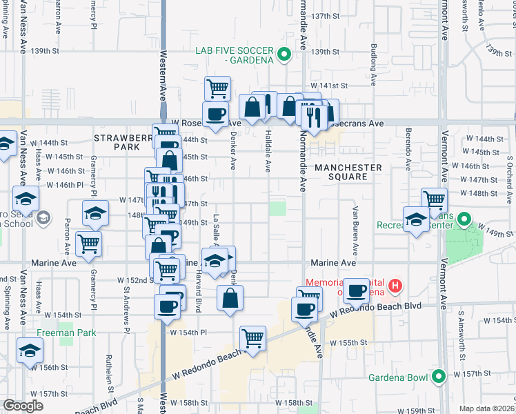 map of restaurants, bars, coffee shops, grocery stores, and more near 1510 West 147th Street in Gardena