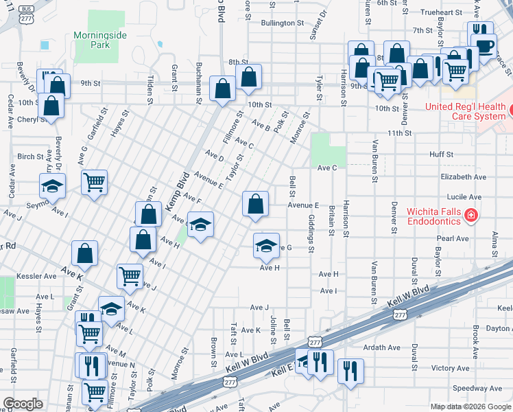 map of restaurants, bars, coffee shops, grocery stores, and more near 1502 Monroe Street in Wichita Falls