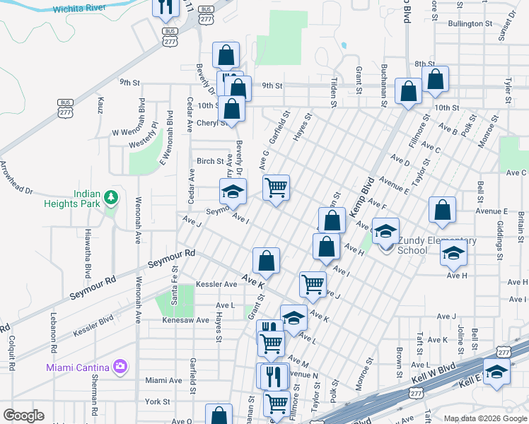 map of restaurants, bars, coffee shops, grocery stores, and more near 1805 Hayes Street in Wichita Falls