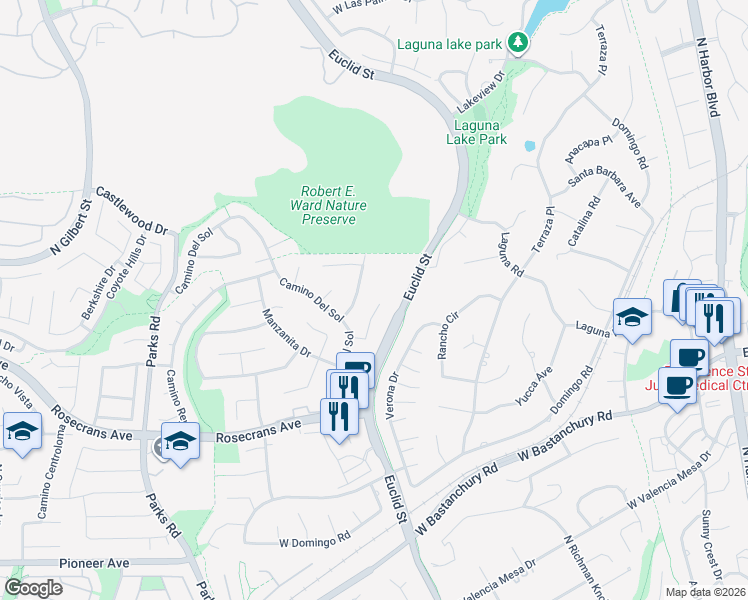 map of restaurants, bars, coffee shops, grocery stores, and more near 2369 Mesa Verde in Fullerton