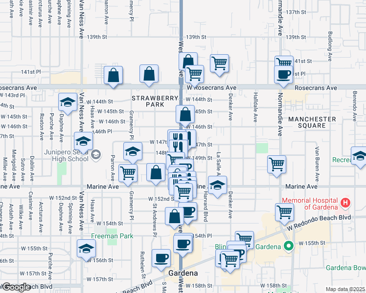 map of restaurants, bars, coffee shops, grocery stores, and more near in Gardena