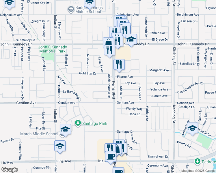map of restaurants, bars, coffee shops, grocery stores, and more near 24953 Fay Avenue in Moreno Valley