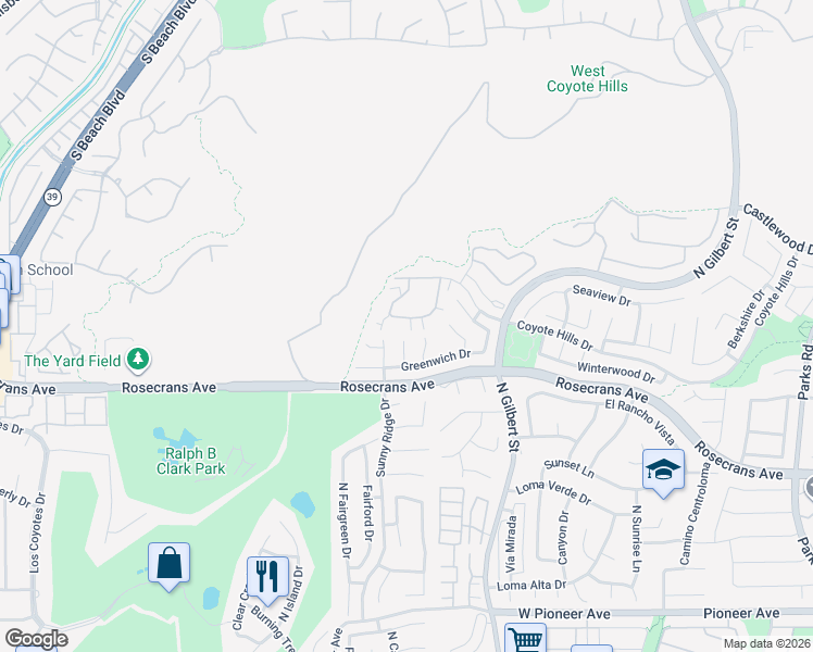 map of restaurants, bars, coffee shops, grocery stores, and more near 2422 Coventry Circle in Fullerton