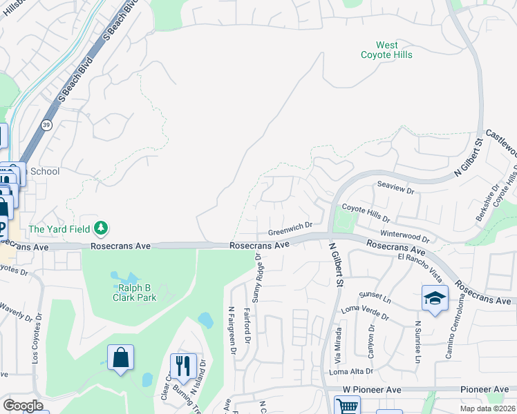 map of restaurants, bars, coffee shops, grocery stores, and more near 2470 Coventry Circle in Fullerton