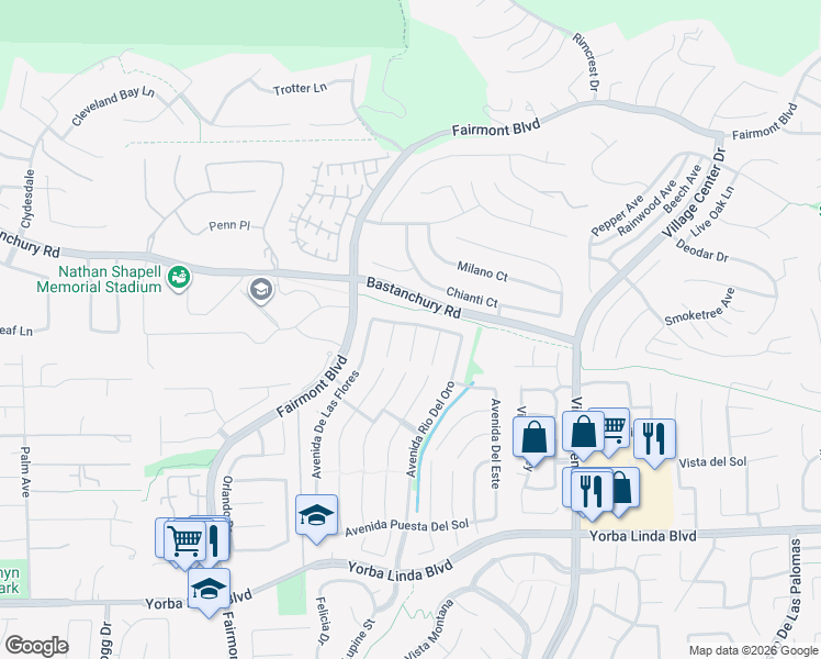 map of restaurants, bars, coffee shops, grocery stores, and more near 4334 Vía De Los Robles in Yorba Linda