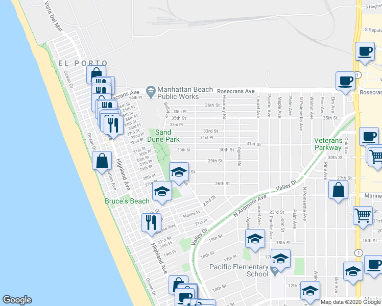 map of restaurants, bars, coffee shops, grocery stores, and more near 592 30th Street in Manhattan Beach