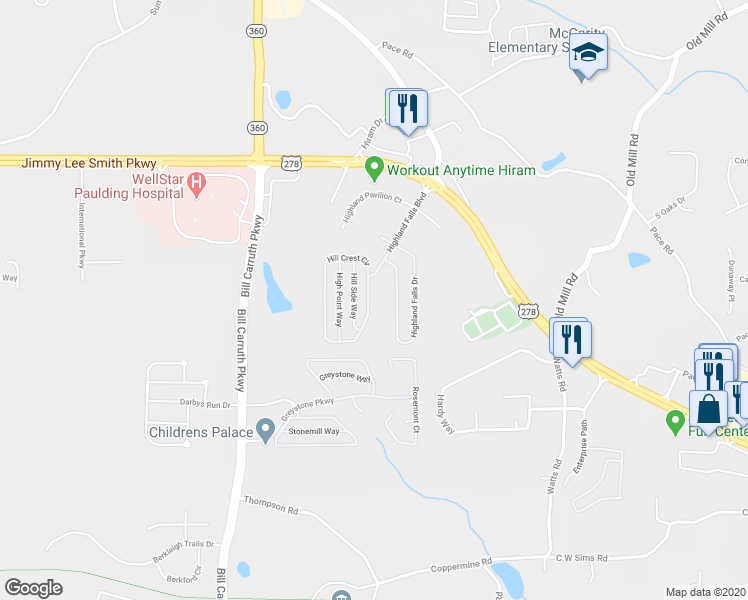 map of restaurants, bars, coffee shops, grocery stores, and more near 520 Hillcrest Circle in Hiram