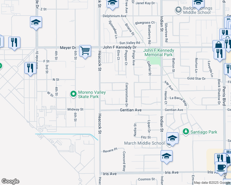 map of restaurants, bars, coffee shops, grocery stores, and more near 24141 Stonebridge Court in Moreno Valley