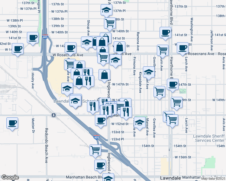 map of restaurants, bars, coffee shops, grocery stores, and more near 14808 Inglewood Avenue in Lawndale
