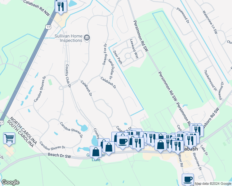 map of restaurants, bars, coffee shops, grocery stores, and more near 65 Calabash Drive in Carolina Shores