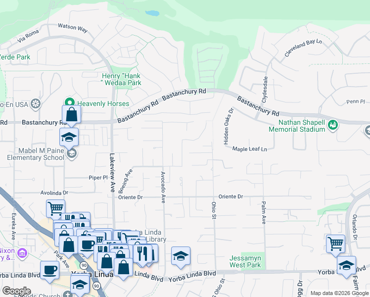 map of restaurants, bars, coffee shops, grocery stores, and more near 4382 Dorthea Street in Yorba Linda