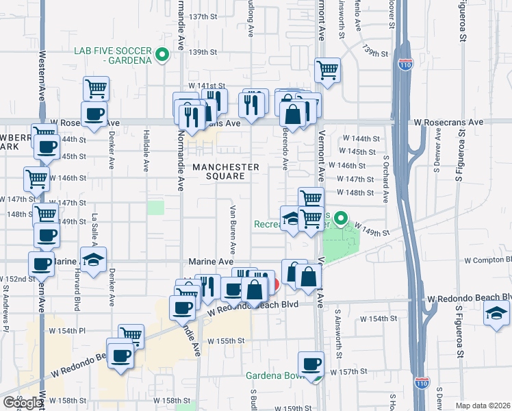 map of restaurants, bars, coffee shops, grocery stores, and more near 14822 Budlong Avenue in Gardena