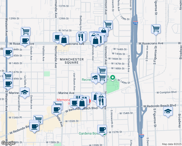 map of restaurants, bars, coffee shops, grocery stores, and more near 14807 Berendo Avenue in Gardena