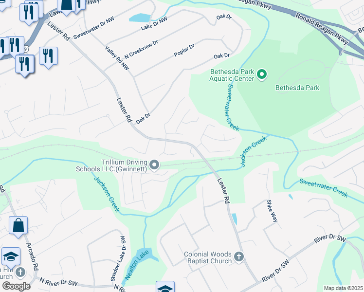 map of restaurants, bars, coffee shops, grocery stores, and more near 65 Lester Road Southwest in Lawrenceville