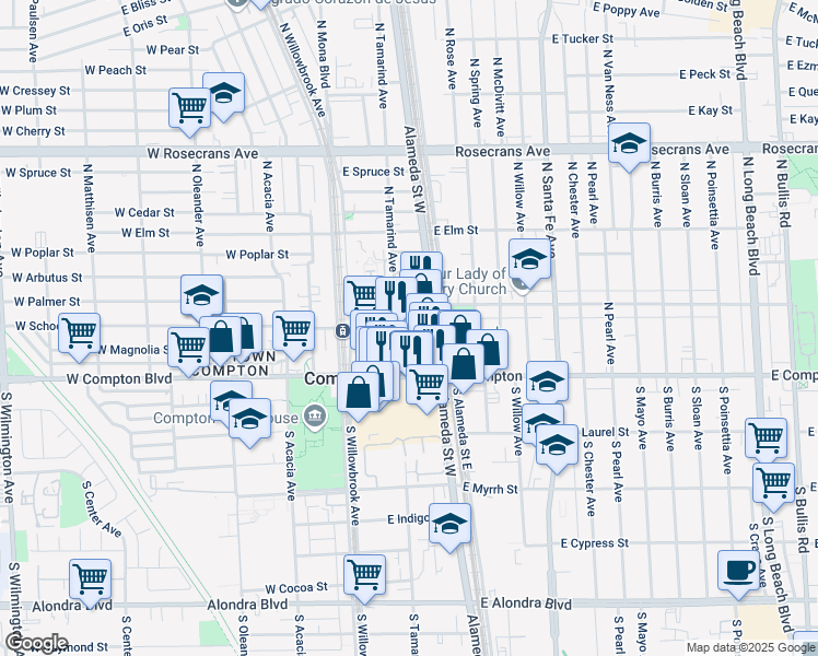 map of restaurants, bars, coffee shops, grocery stores, and more near 237 East Compton Boulevard in Compton
