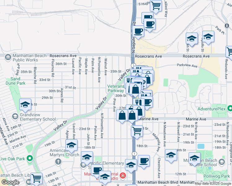 map of restaurants, bars, coffee shops, grocery stores, and more near 3008 North Ardmore Avenue in Manhattan Beach