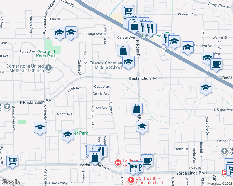 map of restaurants, bars, coffee shops, grocery stores, and more near 16631 Loie Street in Yorba Linda