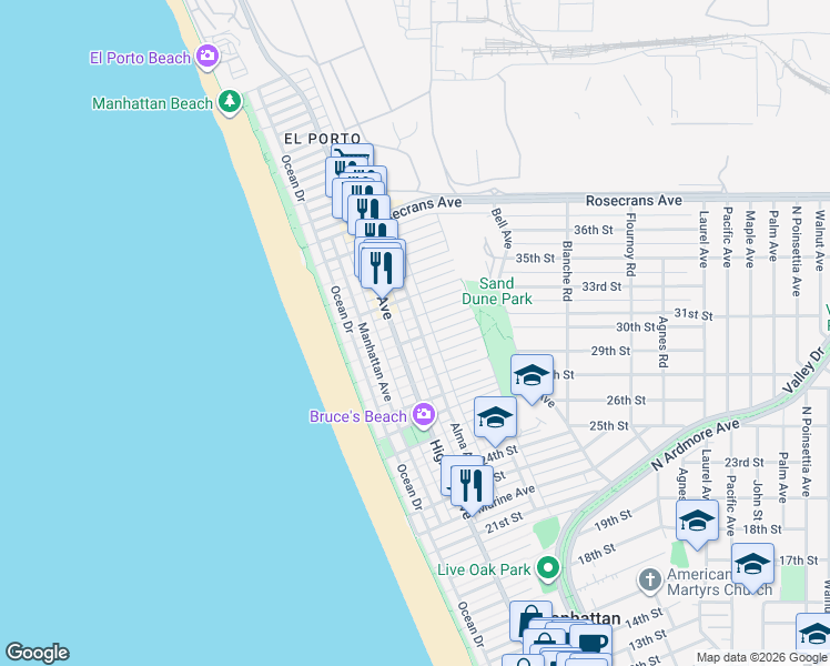 map of restaurants, bars, coffee shops, grocery stores, and more near 323 31st Street in Manhattan Beach