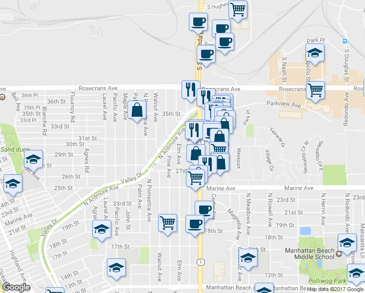 map of restaurants, bars, coffee shops, grocery stores, and more near 3008 Elm Avenue in Manhattan Beach