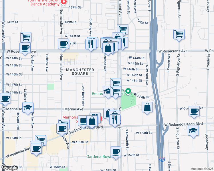 map of restaurants, bars, coffee shops, grocery stores, and more near 14813 Vermont Avenue in Gardena