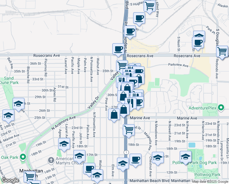 map of restaurants, bars, coffee shops, grocery stores, and more near 3008 Elm Avenue in Manhattan Beach