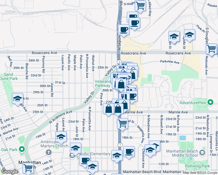 map of restaurants, bars, coffee shops, grocery stores, and more near 3008 Elm Avenue in Manhattan Beach