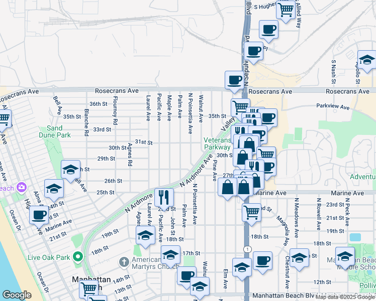 map of restaurants, bars, coffee shops, grocery stores, and more near 2901 North Poinsettia Avenue in Manhattan Beach