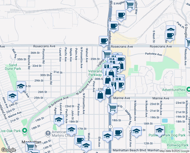 map of restaurants, bars, coffee shops, grocery stores, and more near 3008 North Ardmore Avenue in Manhattan Beach