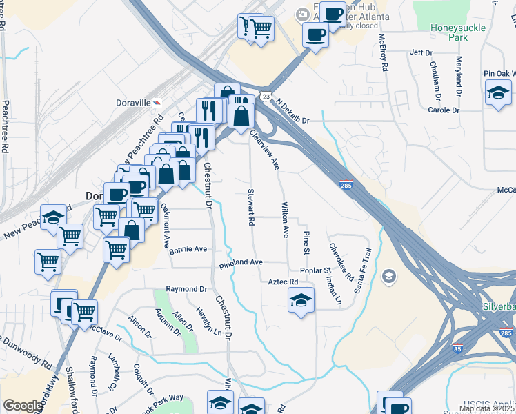 map of restaurants, bars, coffee shops, grocery stores, and more near 3629 Stewart Road in Doraville