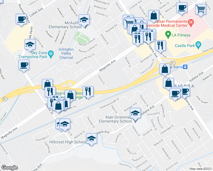 map of restaurants, bars, coffee shops, grocery stores, and more near 3701 Fillmore Street in Riverside