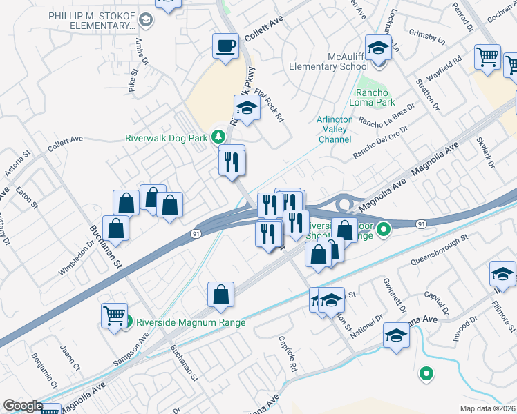 map of restaurants, bars, coffee shops, grocery stores, and more near 3890 Pierce Street in Riverside