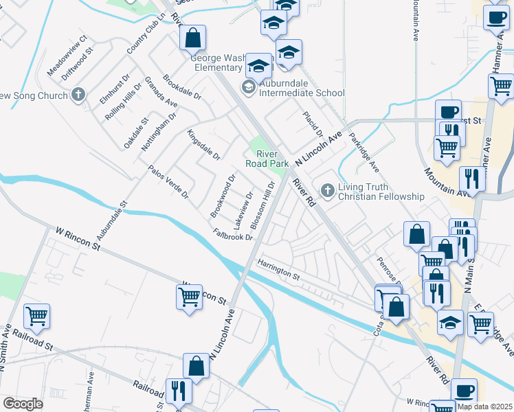 map of restaurants, bars, coffee shops, grocery stores, and more near 947 Lakeview Drive in Corona