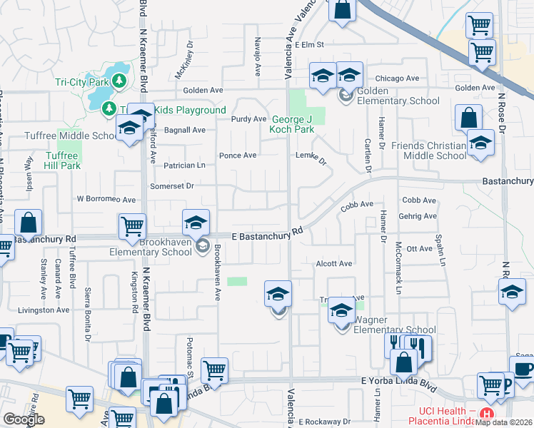 map of restaurants, bars, coffee shops, grocery stores, and more near 514 Michel Place in Placentia